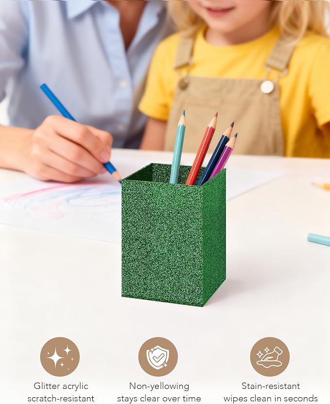 Acrylic Pen Holder Desk Organizer for Office, Green Glitter | Sparkling glitter acrylic makeup brush and pencil holder for desk, Modern desktop organizer for home, school and office