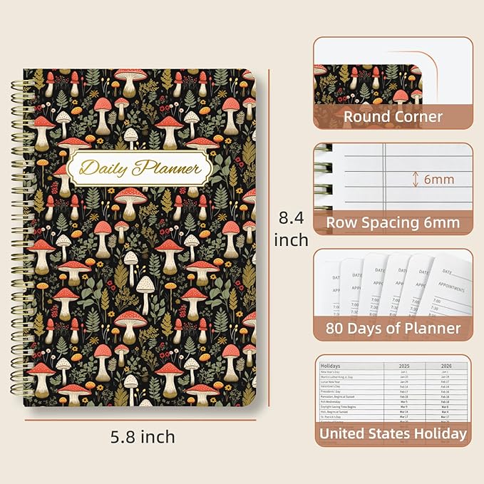 Undated Daily Planner - Spiral Notebook 80 Days One Day Per Page, Hourly Schedule, To-Do List, Notes, Everyday Planning Task, A5 Hardcover Journal Organizer Book Women Cute Aesthetic, Mushroom