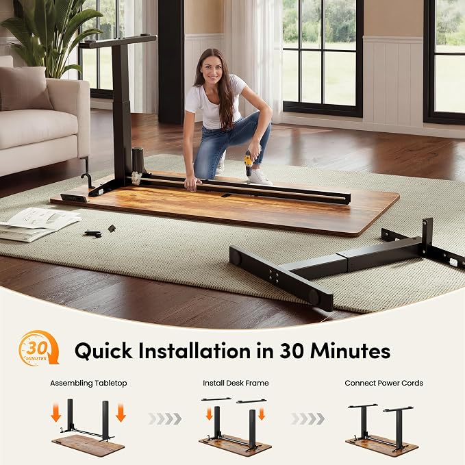 CubiCubi Electric Standing Desk 55 x 24 Inch, Height Adjustable Sit Stand Desk with Memory Presets, Splice Desktop Computer Desk for Home Office, Black Frame/Vintage Brown Top