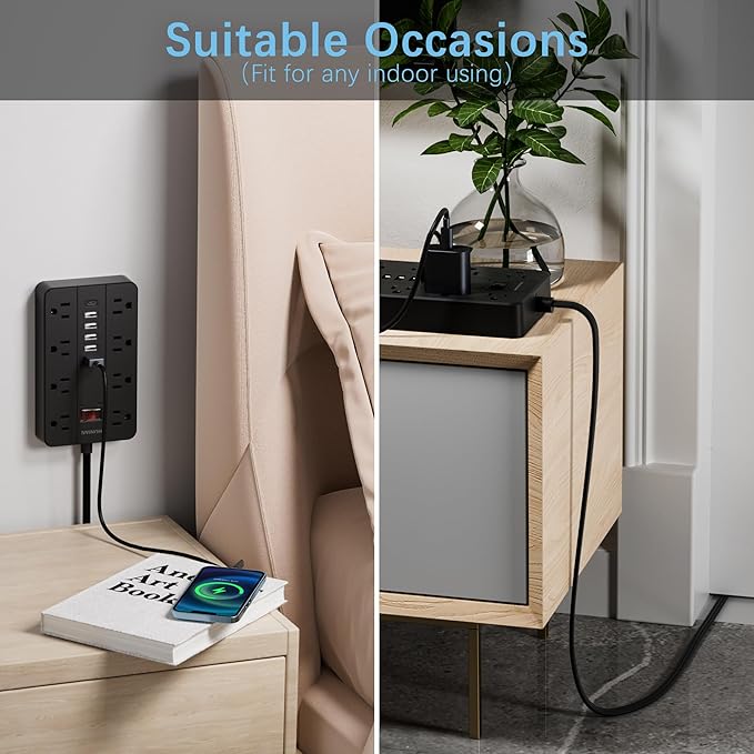 15 Ft Long Extension Cord Power Strip with Multiple Outlets, HUNIAN Flat Plug with 8 Widely Spaced Outlets 6 USB, Wall Mount Charging Station for Home and Office, Black