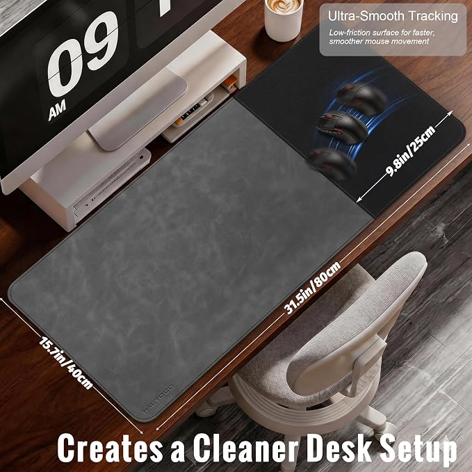 HAUTOCO Cork Desk Mat 31.5"x15.7", Distressed PU Leather & Cloth Desk Pad | Waterproof, Non-Slip, Stitched Edges, Black Large Gaming Mouse Pad, Laptop Blotter & Desk Protector for Office and Home