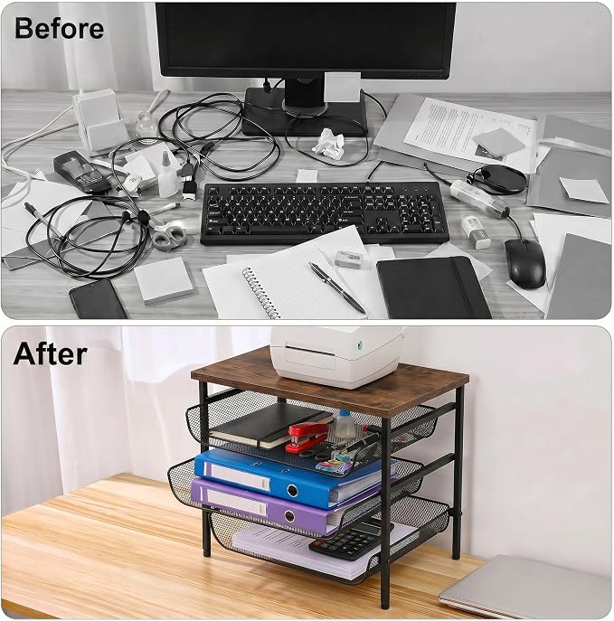 4-Tier Printer Stand for Desk with Storage Drawer Wooden Top Printer Shelf Metal Desktop Organizer Paper Organizer Printer Table for Home Office Accessories Black