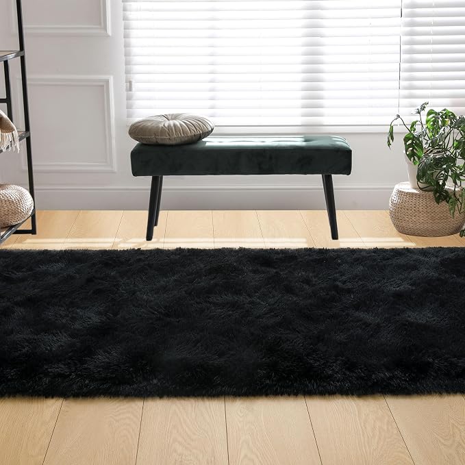 Tepook Soft Runner Rugs for Bedroom 2x6 ft with Rubber Backing, Black Fluffy Rugs for Living Room, Shag Bedside Rug Fuzzy Plush Carpet for Room, Area Rug for Dorm Nursery Hallway Indoor Home Decor