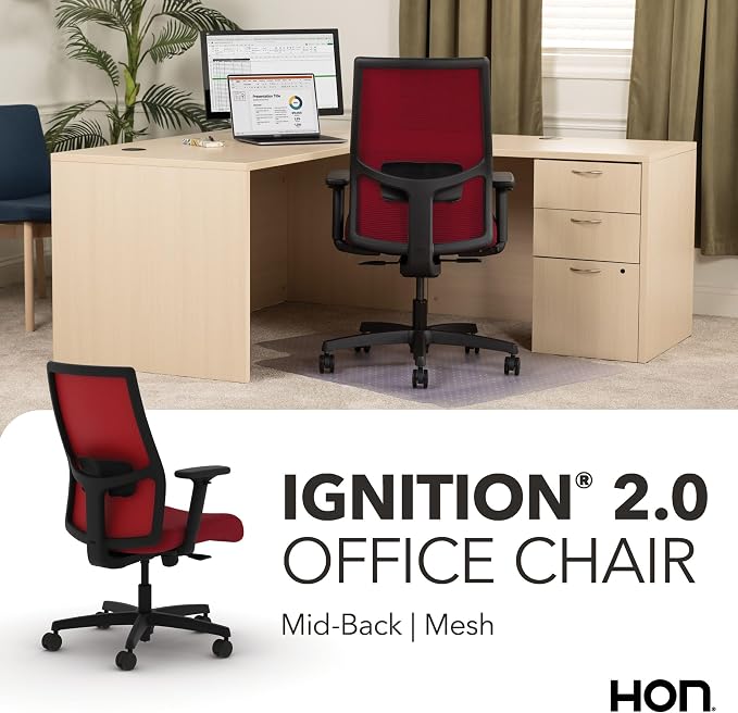 HON Ignition 2.0 Mid‑Back Ergonomic Office Chair, Mesh Task Desk Chair with Lumbar Support, Standard Synchro‑Tilt, Height and Width Adjustable Arms, Black Frame, Bullseye