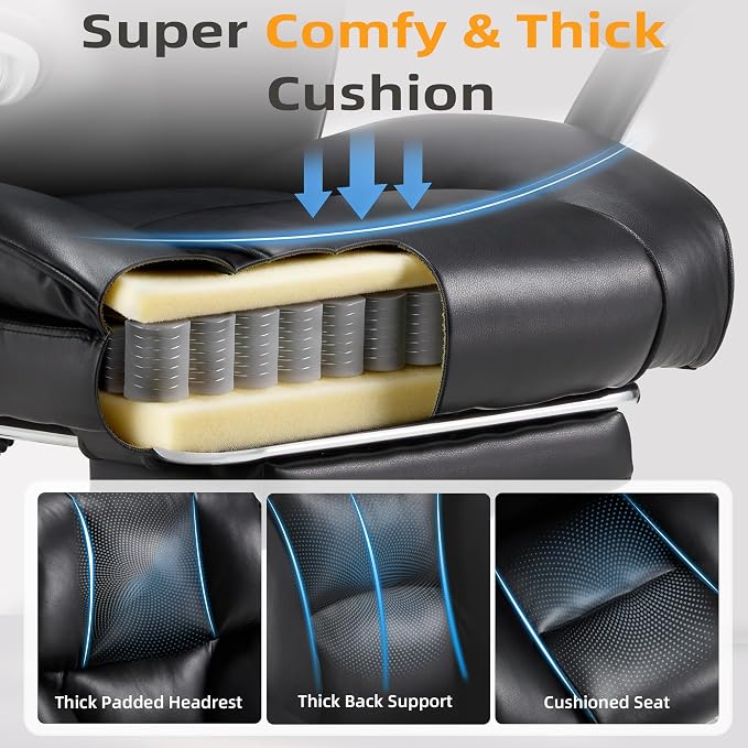 HOMREST Big and Tall Heavy Duty Office Chair 550LBS, Ergonomic Leather Executive Chair with 155° Recline, Large Back Pocket &Footrest, Computer Desk Chair for Heavy People, Black
