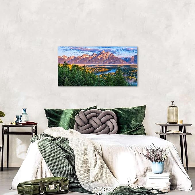 AIYISU Grand Teton Mountain Wall Art Sunset Nature National Park Posters Oxbow Bend Snake River Landscape Wall Decor Wyoming Scenery Painting Artwork for Living Room Office Home Decoration 20x40