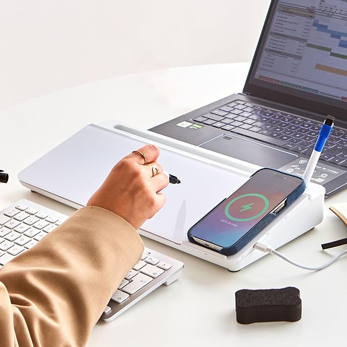 GAROOD Desktop Dry Erase Board with Storage Wireless Charger Desk White Board Desk Board Glass Desktop White Board with Stand Home Office Desk Organizer Phone Holder 15.8X7X2 inches