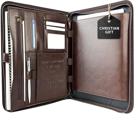DEHITE Leather Portfolio for Men – Padfolio Case for Men and Women – Brown Bible Notebook Organizer – Pen Slots – Zipper Binder – Premium PU Leather – Feels Like Full-Grain – Office Gift Accessories
