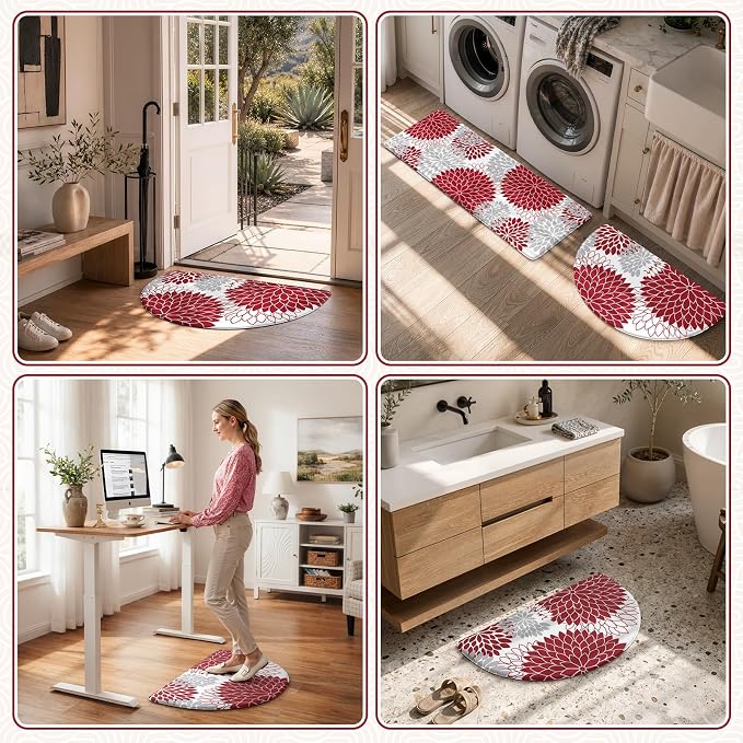 KIMODE Half Circle Anti Fatigue Mats for Kitchen Floor Rug Sets of 2 | 18"x28+18"x47",Red,Half Round,2PCS,Dahlia Floral Boho,Non Slip,Waterproof,for Sink Office Laundry Bathroom Decor