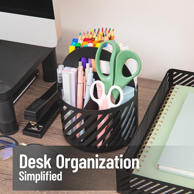 Mind Reader Round Metal Desktop Carousel Organizer with Handle, Four Compartments, Office Supplies and Accessories, Metal, Black