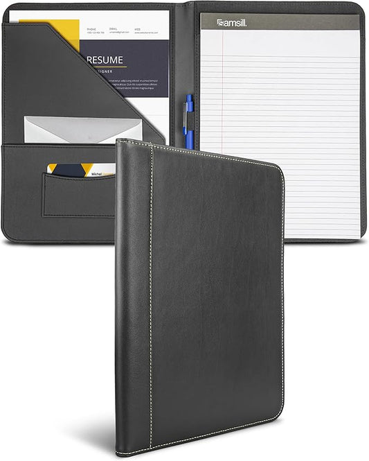 Samsill Contrast Stitch Faux-Leather Padfolio, Business Portfolio for Men and Women, Resume Document Organizer with 8.5 x 11 Inch Writing Pad, Black