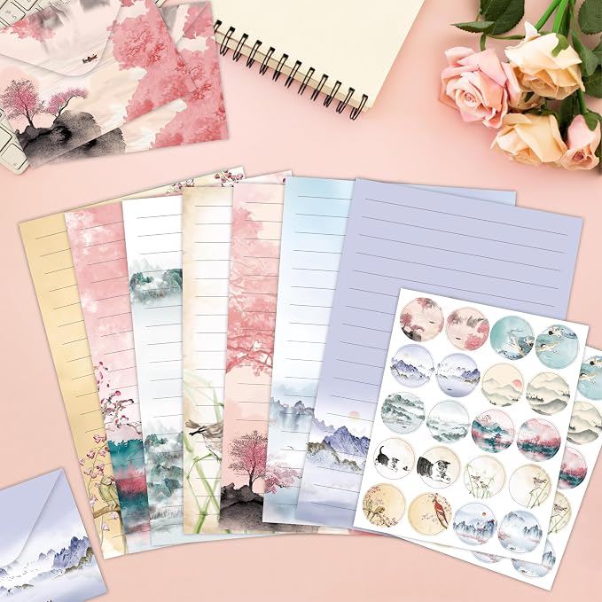 FUNCLASS 160 Pcs Stationery Set Letter and Envelopes – 50 Lined Stationery Paper and 50 Matching Envelopes, 5.5 x 8.25 Inches Letter Writing Stationery for Home, Office, School (Ink wash)