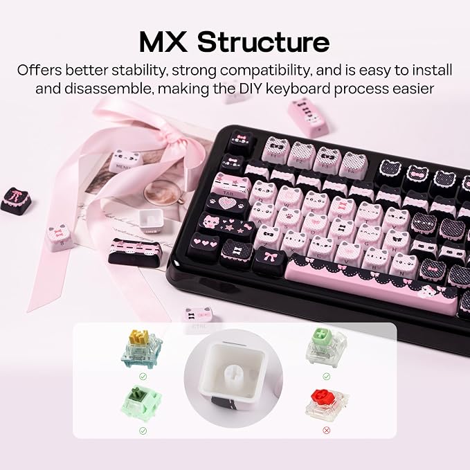 KiiBOOM Cute Cat Keycaps Set, Mao Profile, PC+ABS Keycap for MX Switches Mechanical Keyboard, Compatible with 60%, 65%, 75%, TKL, 96%, Full-Sized Layout (Meow Bow)