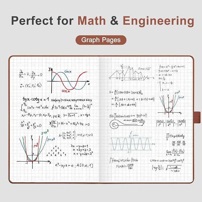 AHGXG Graph Grid Paper Notebook, 160 Pages, A5 Medium Size (5.7'' x 8.3''), 120 GSM Thick Paper, Leather Hardcover, for School, Students, Math, Engineering (Brown)