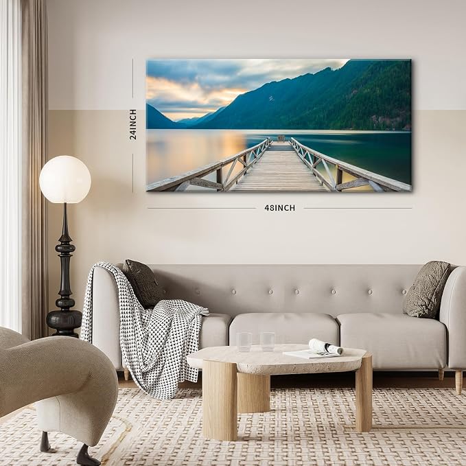 Olympic National Park Canvas Wall Art Crescent Lake Pictures Wood Dock Wall Decor Sunset Mountains Scenery Canvas Prints Photo Nature Artwork for Living Room Bedroom Office Home Decoration 24x48"