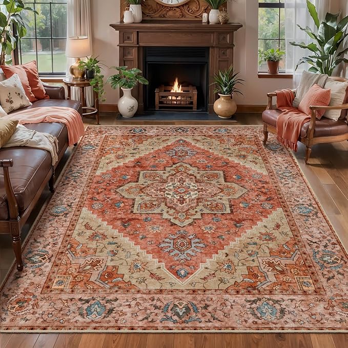 Tangsoo 5x7 Washable Area Rugs for Living Room, Vintage Indoor Non Slip Large Area Rugs, Print Carpet, Soft Low Pile Rug Foldable Floor Rug for Bedroom Dining Room DormTerracotta/Multi