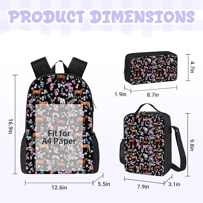 3PCS Horse Backpacks for Girls Boys Teens, School Backpack with Lunch Box Pencil Case for Elementary Middle High Students, 17 Inch Lightweight Bookpack 3 in 1 Set Back to Shool Supplies for Kids