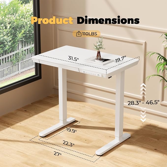 32" Electric Standing Desk with Drawer, Rolling Laptop Desk | Height Adjustable Quick Install One-Piece Tabletop with USB Charging Ports, Sit Stand Computer Desk for Small Space, White
