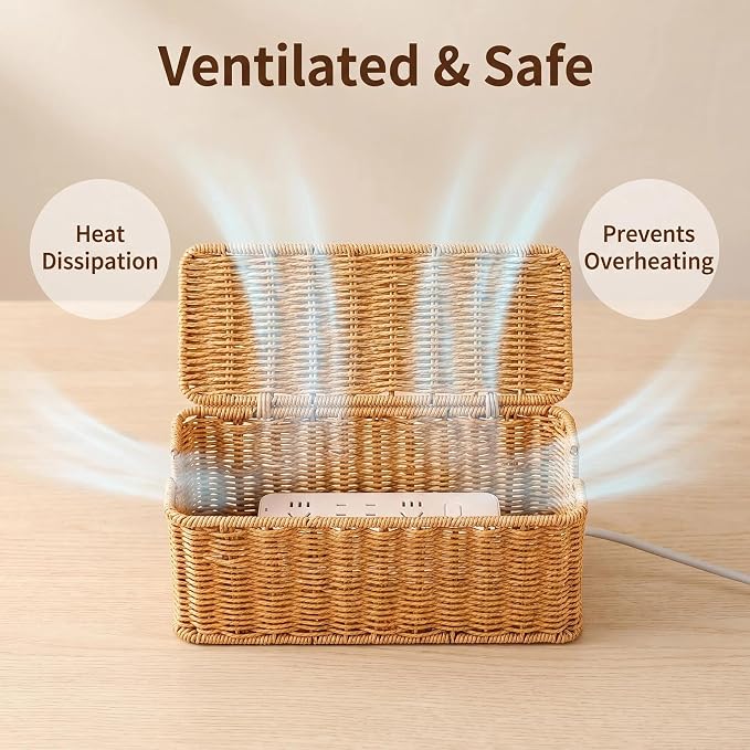 Cable Management Box, Handwoven Faux Rattan Cord Basket with Lid, Decorative Wiker Cord Hider Organizer with 2 Side Slots for Power Strip, Small Router, USB Hub, Desk, TV PC Charger for Desk