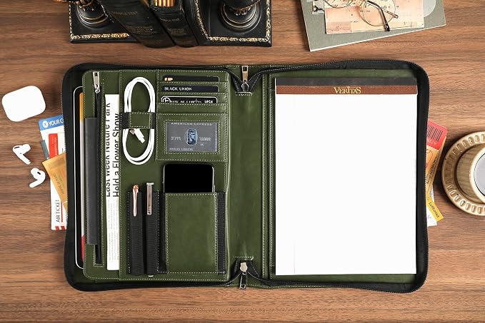 Vegan Portfolio for Men, Business Padfolio with Zipper, Vegan Leather Folio with A4 Writing Pad Holder Portfolio Organizer for Resume, Interview, Meeting - Green