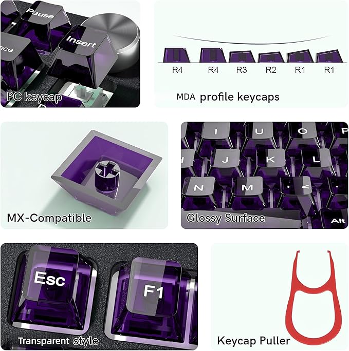 dagaladoo Clear keycaps,Transparent Keyboard keycaps,Jelly Key caps Set,Shine Through keycap，MDA Profile Keyboard caps for Mx Switches Mechanical Keyboard(Dark Purple)