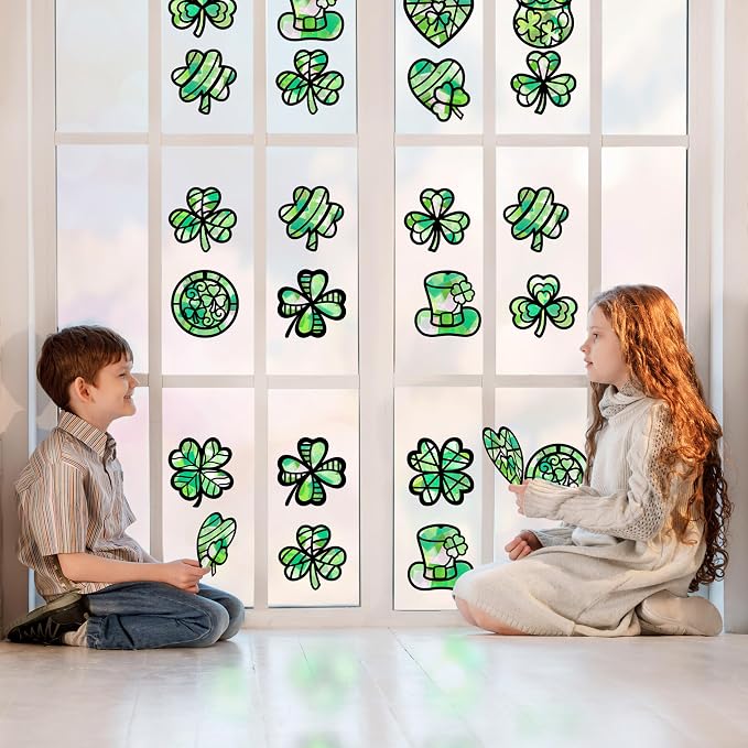 Renbuzhu 40PCS St. Patricks Day Crafts Bulk: Paper Shamrock Suncatchers, Saint Patrick's DIY Kits, Window Stained Glass Effect Art Supplies