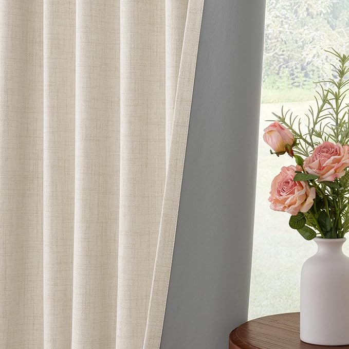 INOVADAY 100% Blackout Curtains for Bedroom, Cream Black Out Curtains 108 Inch Long, Clip Rings Linen Blackout Drapes, Thermal Insulated Room Darkening for Living Room, 1 Panel - W102xL108
