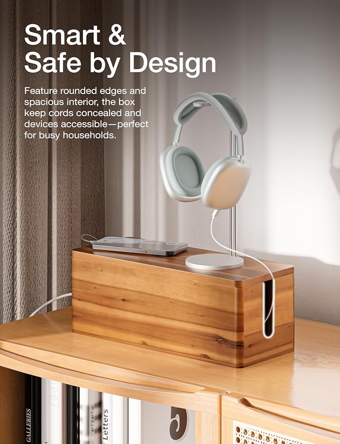 TIDITA Set 2 Sizes Wooden Cable Management Box Round Edge, Magnetic Lid | Large & Small Size, Cable Slots, Magnetic Lid, Non-Skid Pads, Solid Acacia Wood, Wooden Power Strip Box, Surge Protector Box