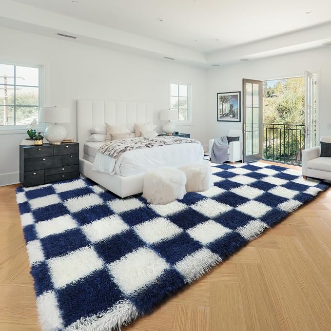 KICMOR 8x10 Area Rugs for Living Room, Large Fluffy Soft Checkered Shag Shaggy Bedroom Carpet, Navy Blue and Cream White Big Fuzzy Plush Rug for Kids Boys Girls Dorm Nursery Home Decor Aesthetic