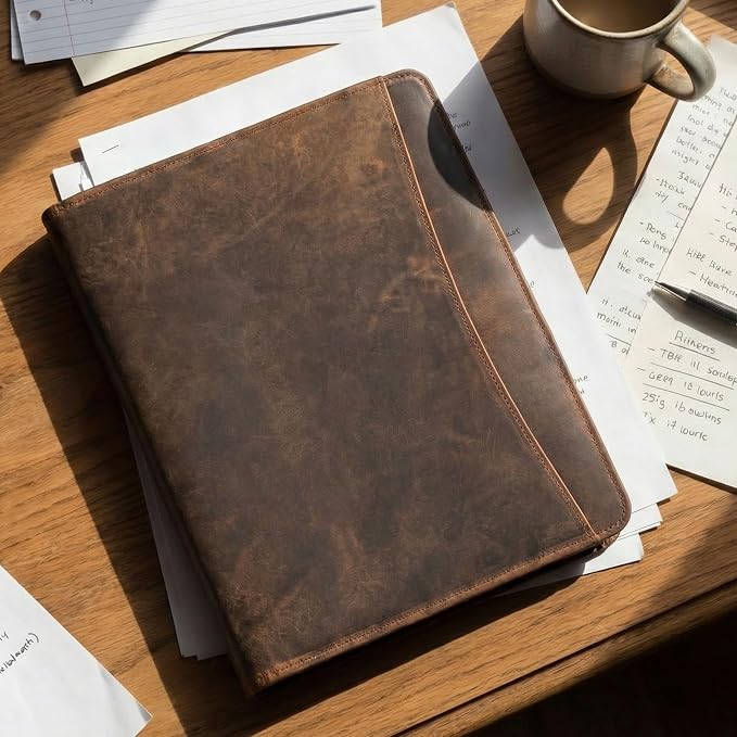 LEATHER VILLAGE Leather Portfolio Organizer - Professional Business Padfolio for Men & Women - Stylish Document Card Holder, Folio for A4/Letter Size Writing Legal Pad, Brown