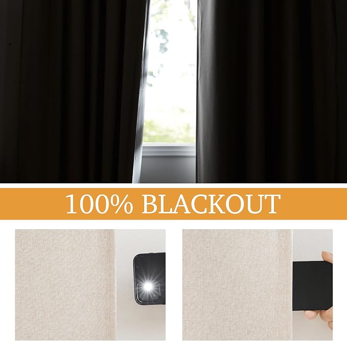 RYB HOME 3 in 1 Soundproof - Blackout - Insulation Linen Curtains, Noise Reduce Energy Saving Curtains for Bedroom Living Room Dorm Divider Studio Home Office, Linen Taupe, W52 x L95 in, 2 Panels