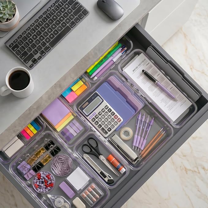 16 Pcs Extendable Clear Drawer Organizer|2-Size Expandable Drawer Dividers | Expanding Plastic Storage Boxes, Arcrylic Storage Bins for Vanity Makeup Drawer Dresser Kitchen Utensils DIY Desk Office