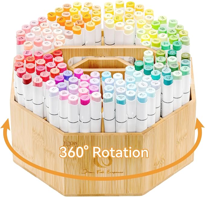 Ohuhu 360° Rotating Marker Organizer Holds 162 Honolulu & B Oahu Markers | 360-Degree Rotating Bamboo Desktop Storage Markers Pens Pencil Holder with 10 Compartments for Home Classroom Office Decor