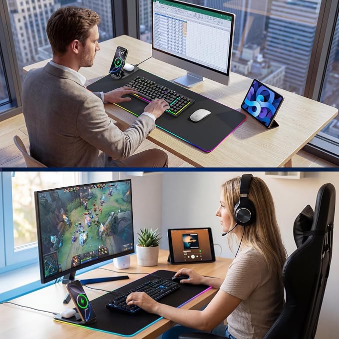 Gaming Mouse Pad Wireless Charging - Desk Mat Magnetic Foldable Phone Stand 15W Fast Charge, RGB Extended Large Keyboard Mousepad - PC Laptop Desk Pad for Work Game (Adapter Not Included)