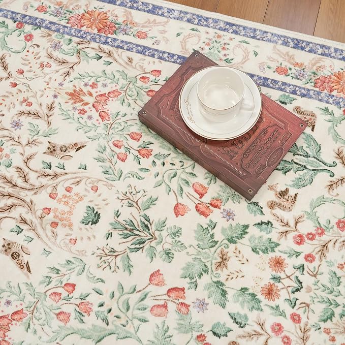 Botanical Beige 3x5 Area Rug - Non-Slip Washable Soft Low-Pile Small Area Rugs for Kitchen Bedroom Entryway Kid Room – Vintage Florals Door mat Indoor (Cream, 3x5)