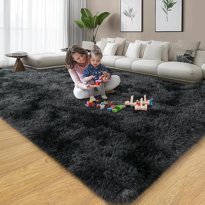 9x12 Area Rug for Living Room, Soft Fluffy Rug for Bedroom Shag Shaggy Large Carpet Black Grey, Fuzzy Plush Modern Carpet for Dorm Office Kid Room Home Decor (9ft x 12ft, Tie-Dyed Black Grey)