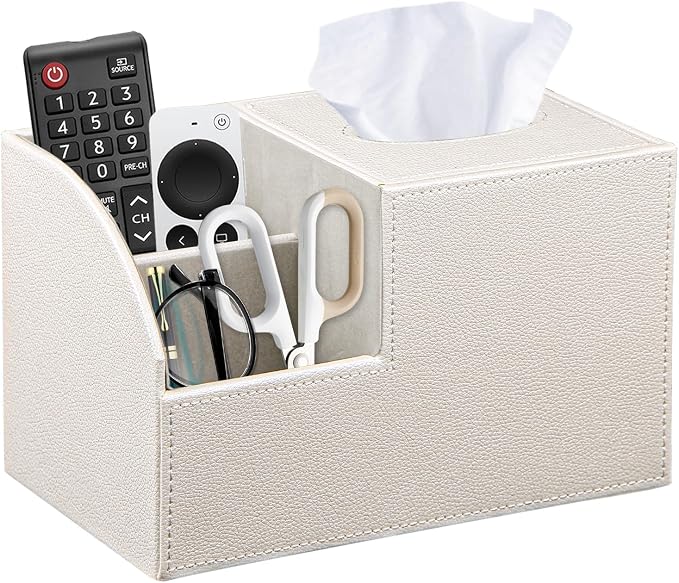Square Tissue Box Cover with Storage, PU Leather Cube Tissue Box Holder, Remote Control Nightstand Organizer, Modern Desk Caddy for End Table, Bathroom, Bedroom, Home, Office Decor | TV Remote Control Holder, Desk Accessories Nightstand Organizer, Mode...