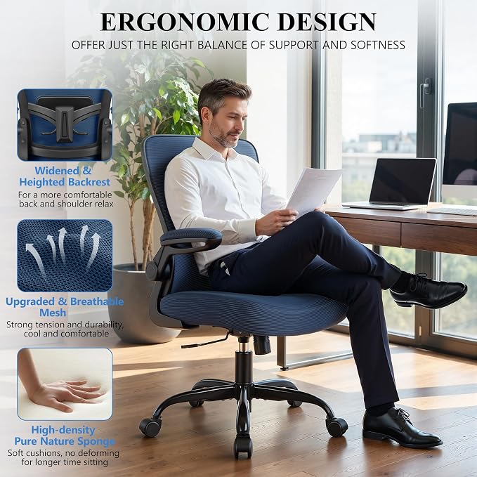 FelixKing Office Chair, Ergonomic Desk Chair Breathable Mesh Chairs Adjustable High Back Lumbar Support Flip-up Armrests, Executive Rolling Swivel Comfy Computer Chairs Home Office Navy