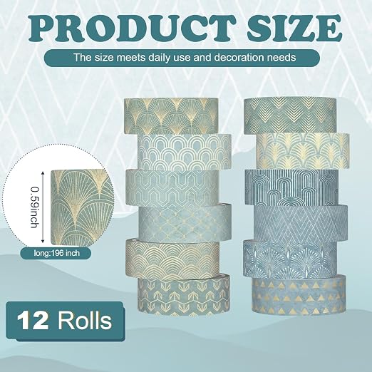12 Rolls Watercolor Floral Washi Tape Set 15 mm Vintage Flower Decorative Masking Tape for Summer School Arts DIY Craft Scrapbook Journal Supplies Gifts(Teal Color,Art Deco)