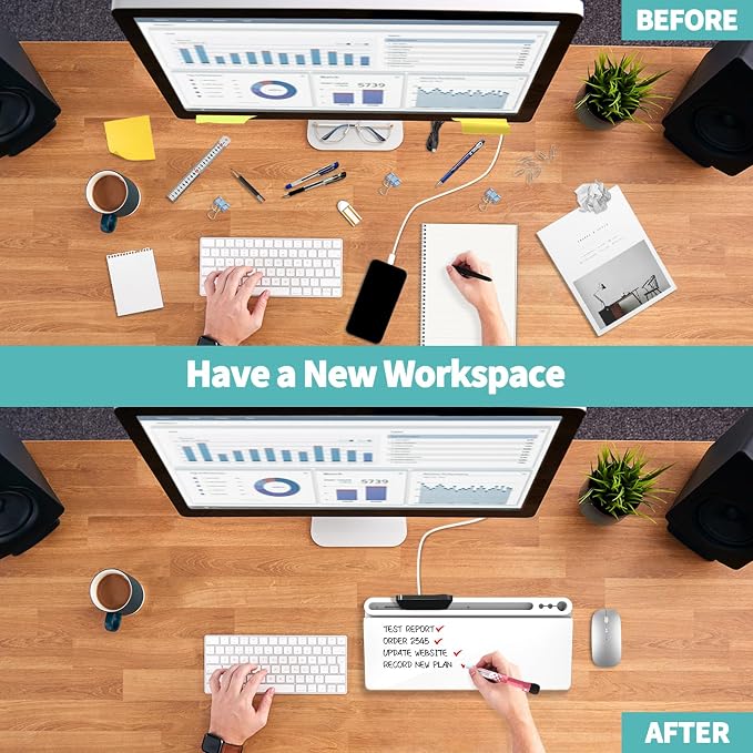 Glass Desktop Whiteboard with Storage, 16"x7" with 3 Markers | Desk Dry Erase Board for Quick-Note Replace Sticky-Notes, Small White Boards Organizer for Home Office as to Do List Memo