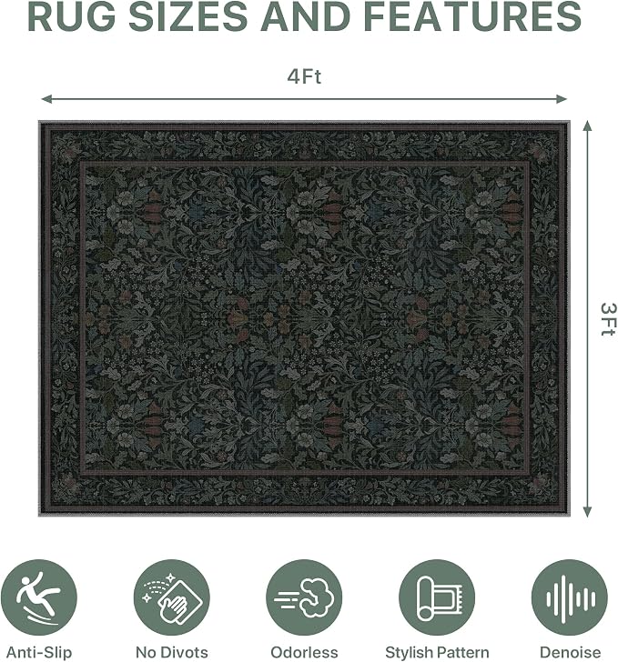 36"x48" Office Chair Mat for Hardwood Tile Floor, Under Desk Carpet Protector for Rolling Computer Chair Mat, Machine Washable Area Rug, Anti-Slip 1/5" Thick Low Pile Thin Vinyl Floor Mat, Dark Green