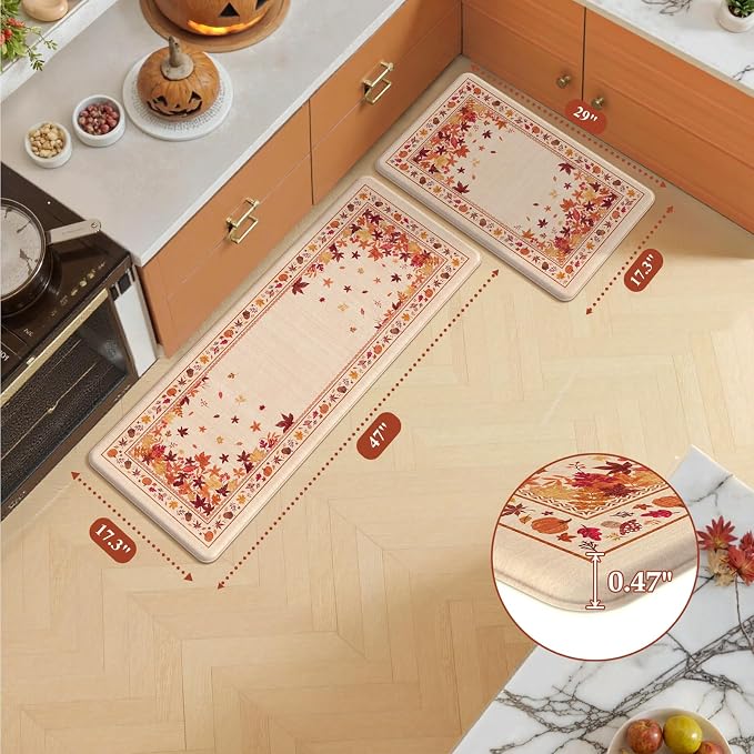 KIMODE Fall Kitchen Mats Cushioned Anti Fatigue 17"x47"+17"x29", Beige Kitchen Mats for Floor, Padded Kitchen Floor Mats Non Slip, Autumn Maple Leaves Standing Mat for Laundry Office Sink Desk