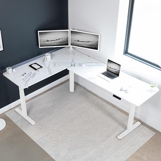 VIVO Electric Height Adjustable 83 x 60 inch Corner Stand Up Desk, 2 White Marble Dry Erase Solid Table Tops, White Frame, Memory Controller, L-Shaped Workstation, 3E Series, DESK-KIT-3E8WWM