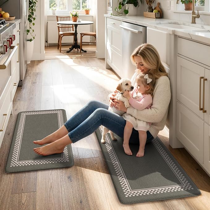 KIMODE Anti Fatigue Mats for Kitchen Floor Checkered Kitchen Rugs Sets of 2 | Sage Green Cushioned Kitchen Floor Mats Non Slip,Farmhouse Standing Mat for Sink Laundry Office Desk Dorm 17"x47"+17"x29"