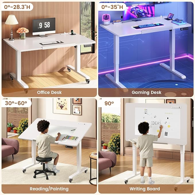 SEDETA 31.5 Inches Electric Standing Desk, 180° Tiltable Mobile Rising | Computer Desk Height Adjustable with Wheels for Drawing/Writing/Gaming/Study/Home Office/Small Space, White