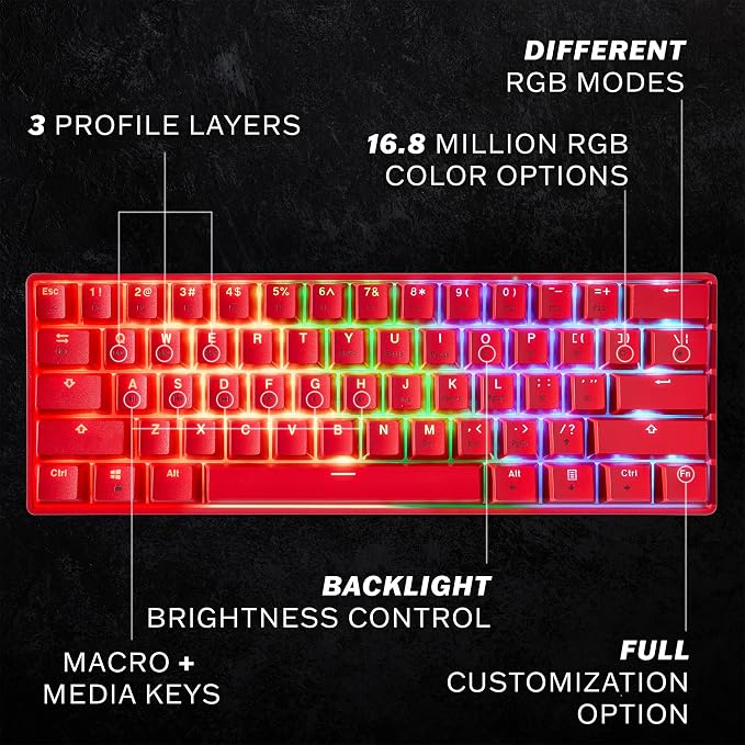 HK GAMING GK61 Mechanical Gaming Keyboard - 61 Keys Multi Color RGB Illuminated LED Backlit Wired Programmable for PC/Mac Gamer (Gateron Optical Silver, Red)