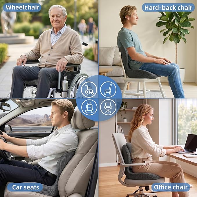 Memory Foam Seat Cushion,Orthopedic Ergonomic Seat Cushions for Tailbone,Sciatica, and Back Pressure Relief,L-Shaped Design & Adjustable Strap,Lumbar Support Pillow for Office,Car,Desk Chair