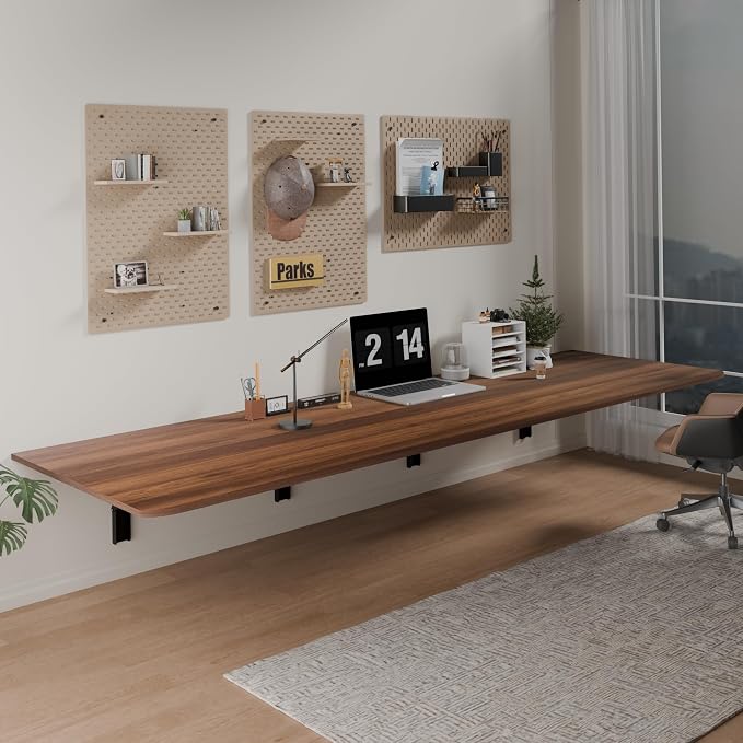 IAE 72" x 22" Floating Foldable Desk,Wall-Mounted Folding Computer Table with Engineered Wood,Study Table with Shelf Brackets,Fold Down Shelf,Fold Computer Desk for Small Apartment,Holds 500 lb,Walnut