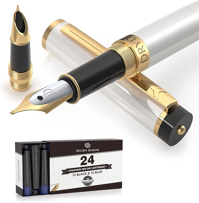 Dryden Designs Fountain Pen - Medium and Fine Nibs | Includes 24 Ink Cartridges and Ink Refill Converter | Calligraphy Pen, Consistent Writing, Smooth Flow - Pearl White.