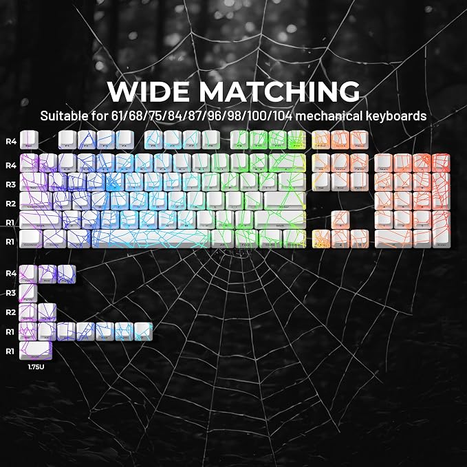 x XVX Shine Through Keycaps w/IMD Tech, Custom Spider Web Keycaps 60 75 100 Percent, White Key Cap Set Lines Backlit, OEM Profile Side Printed for Keyboards